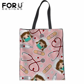 

FORUDESIGNS Cartoon Cute Nurse Prints Female Reusable Shopping Bags Pink Women's Totes eco Bag Clothes Fashion Girls Shopper Bag