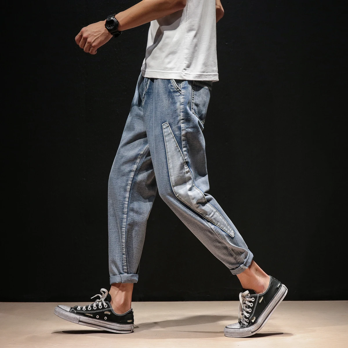 2019 new lanyard nine points jeans harem pants light men's tide brand