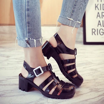 

Women Fashion Retro Crystal Thick Heels Sandals Summer Shiny Transparent T-Roman Sandals Buckle Strap Black Silver Jelly Shoes