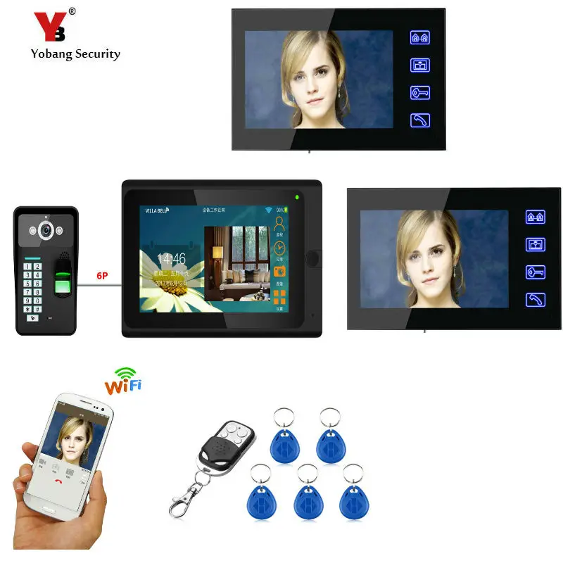 Yobang Security 7\ 3 Monitors Wired /Wireless Wifi Video Door Phone Doorbell Intercom System with Fingerprint RFID Password Cam