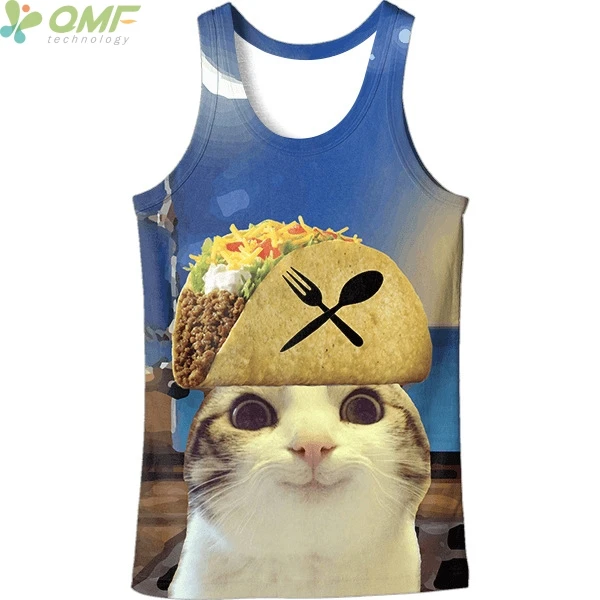Harajuku cat eating tacos Print Men Runing Vest Cute kitty Novelty Male
