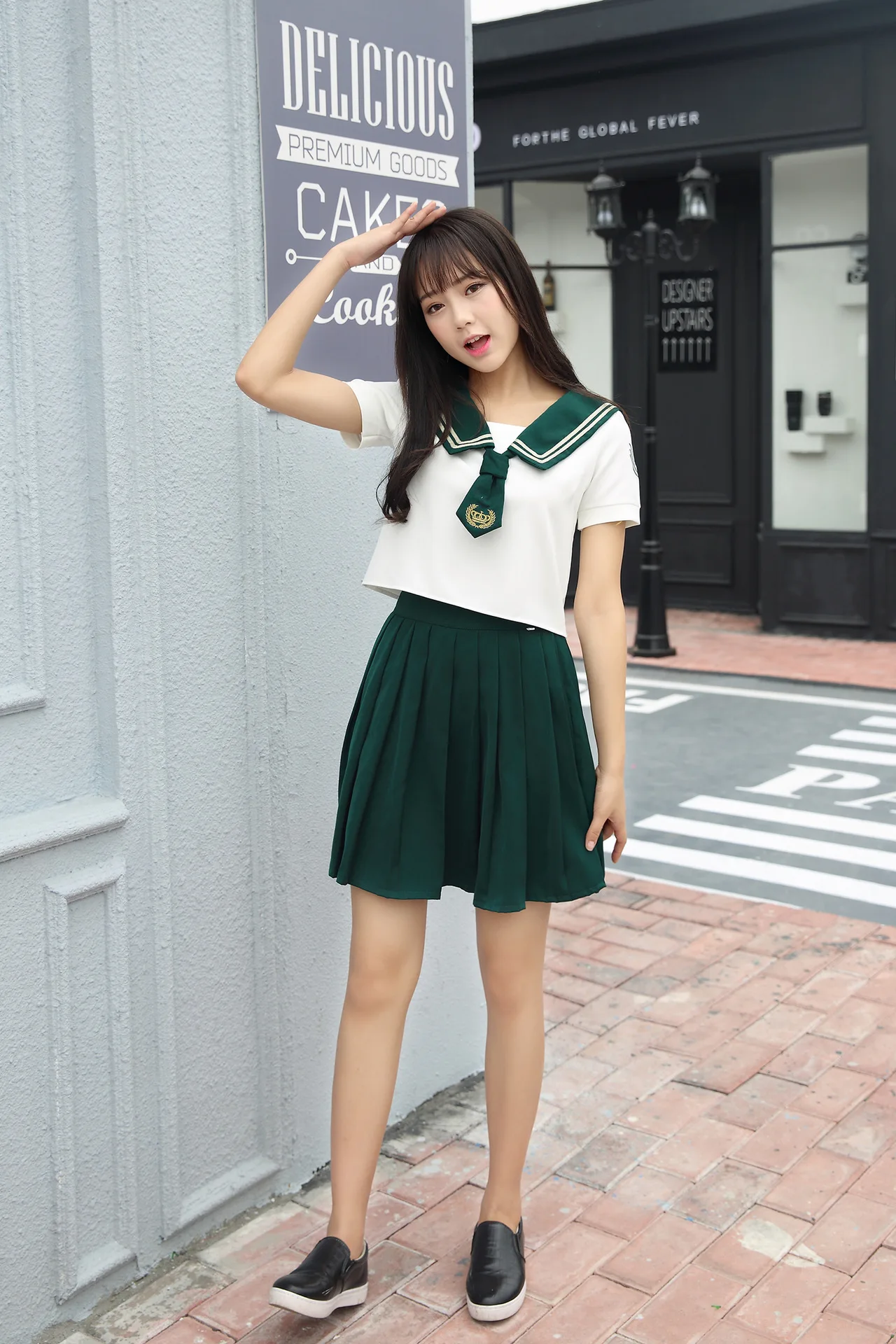 Высококачественная японская Униформа-матроска комплект школьной формы, большие размеры XL, бело-зеленая юбка рубашка с короткими рукавами