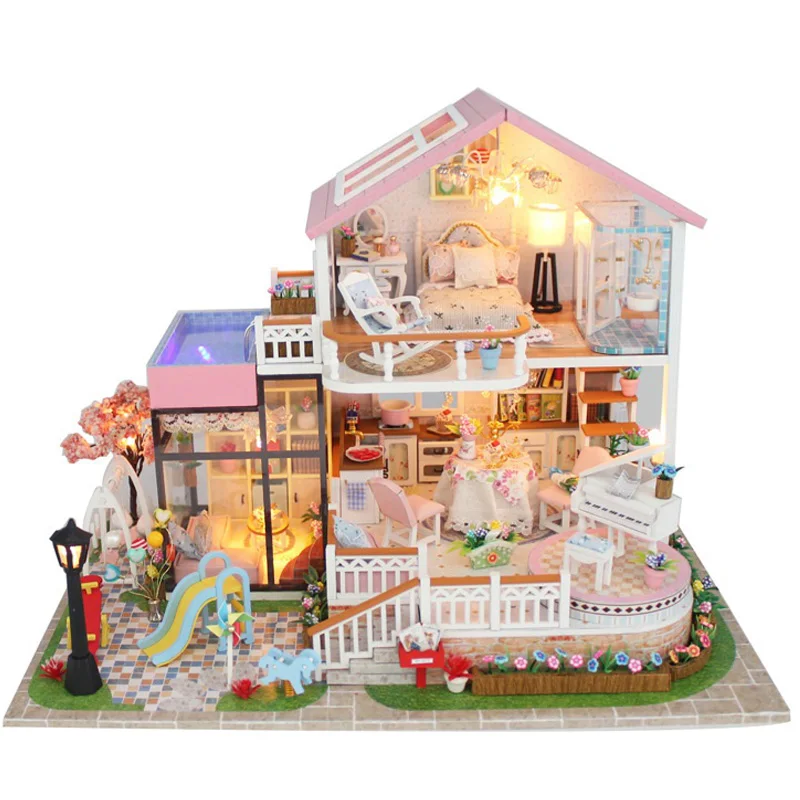 

Luxury Sweet Villa Furniture Dollhouse Miniature Diy Kit Remote Control Led Lights Wooden Toy Dolls House Christmas Gift