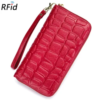 

Luxury Brand Designer Genuine Leather Long Women Wallet Female Card Holder Coin Phone Alligator Large Handy Belt Stone Red Lady