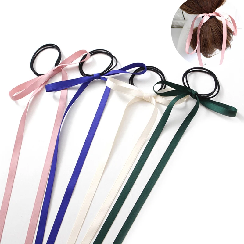 Random Color 2pcs Women Hair Rope Bow Silk Ribbon Long Streamers