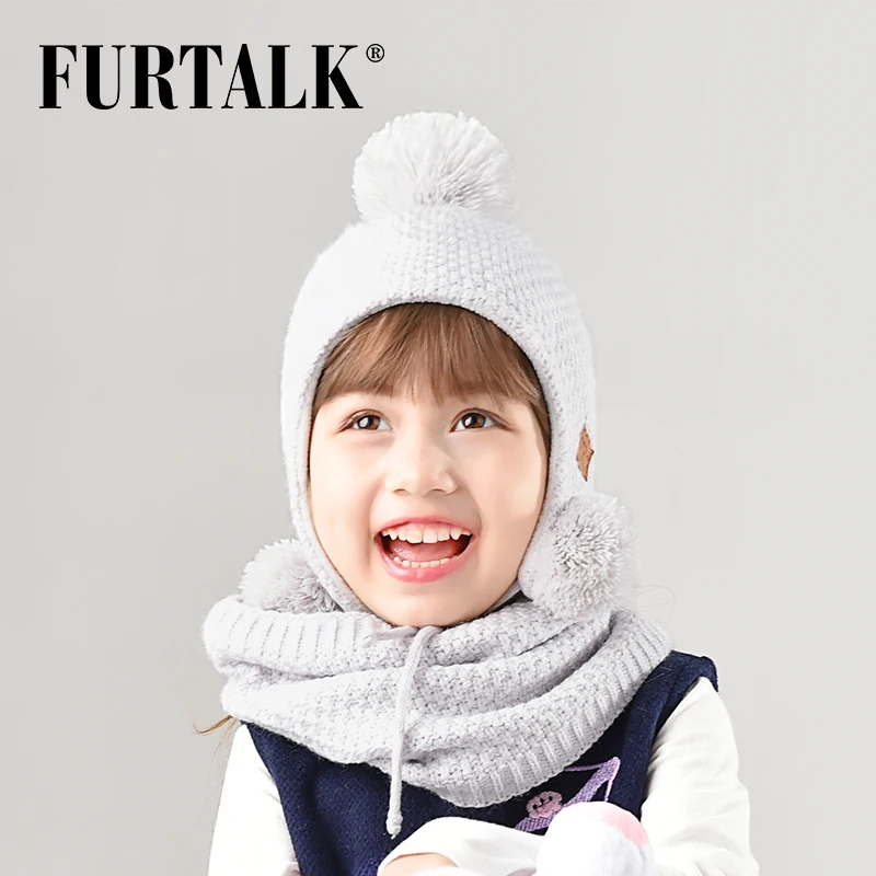 FURTALK Шерстяная Зимняя Детская Шапка и Шарф для Девочики с Помпоном Ушанка