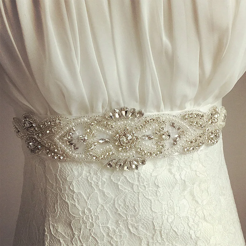 Sparkle Bridal Handmade Ribbon Pearl Rhinestone Crystal Wedding Dress Belt Sash 