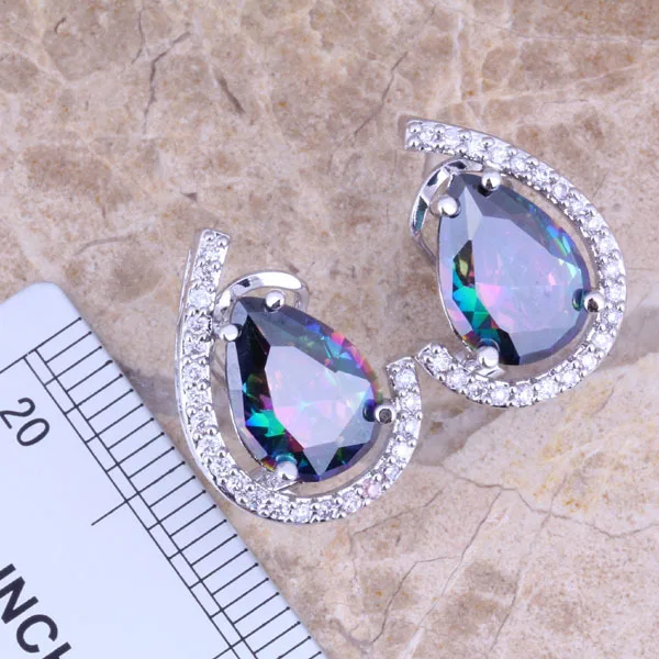 Glamorous Rainbow Mystic White CZ Посеребренные Ювелирные наборы серьги кулон кольцо Размер 6 /