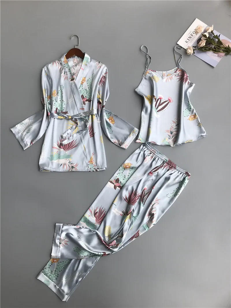 Women Pajamas Sets Pyjama Home Clothing Pijama 3 Pieces Fashion Spaghetti Strap Satin Flower Print Long Sleeve Sleepwear Female