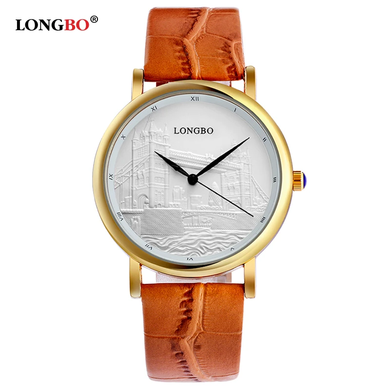 LONGBO 80035G часы для влюбленных с кожаным ремешком и циферблатом водонепроницаемые