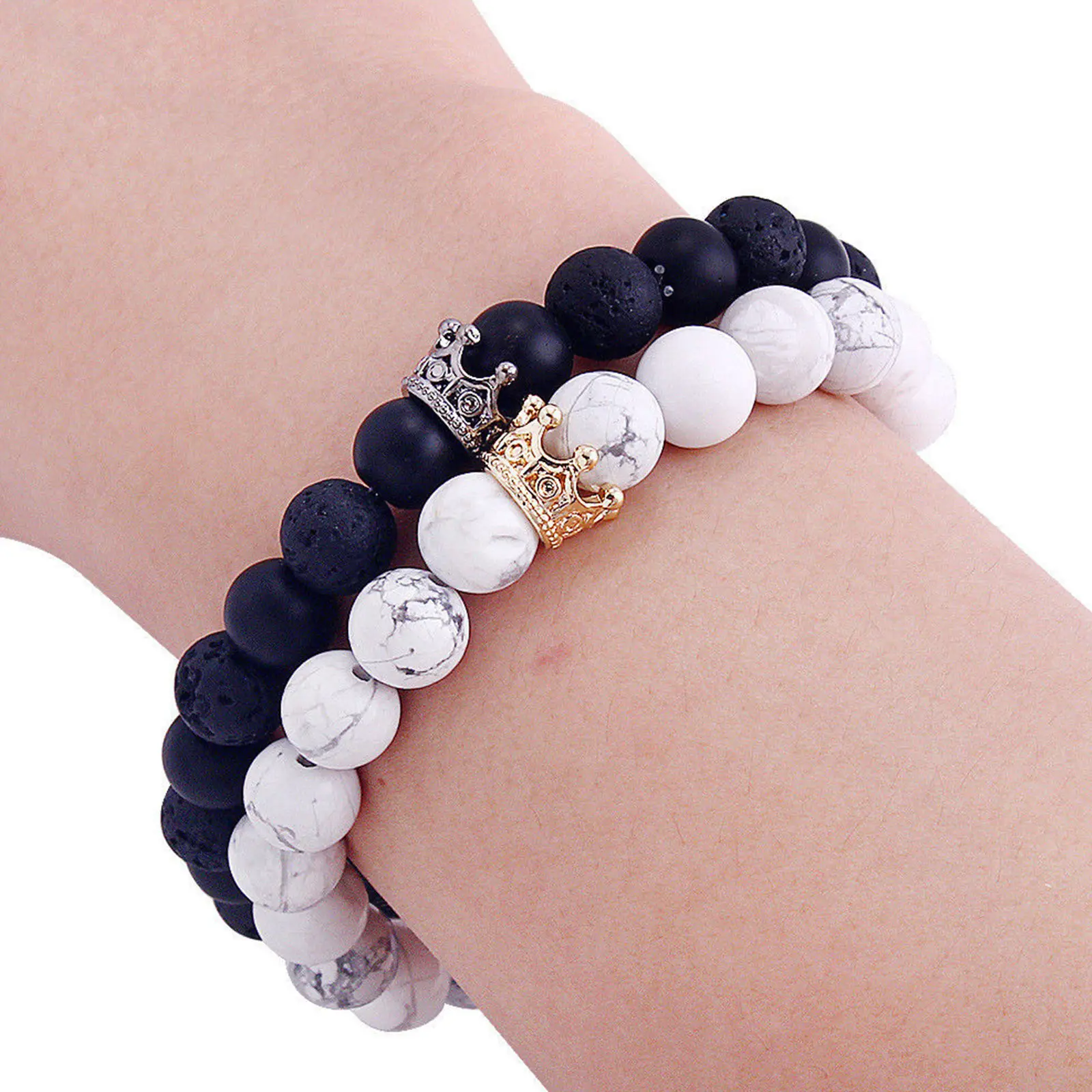 2pcs/set Couples Bracelet for Men Women 8MM Natural Stone King and Queen Bracelets Bangle with Crown