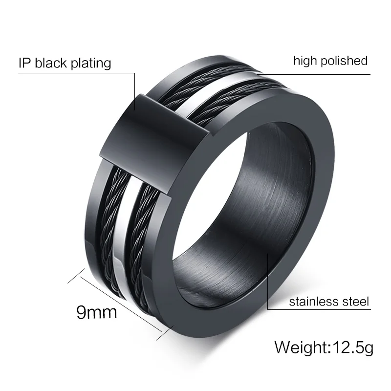 Meaeguet Wire Black Ring For Men 9MM Wide Male Party Stainless Steel Cables Rings Punk Rock Ring Men Jewelry (5)