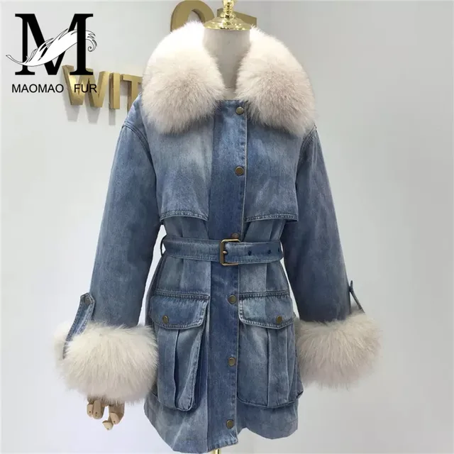 2018 New Fashion Real Fox Fur Collar Coat Women Winter Jacket Duck Down Coat Outerwear Detachable Denim Jacket Natural Fur Coat
