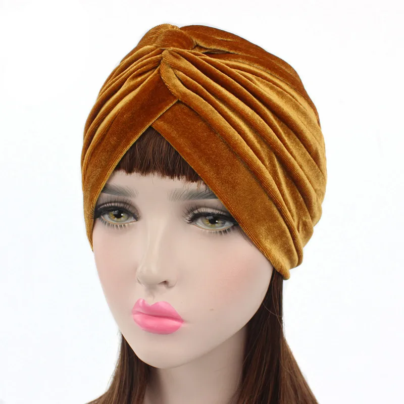 Мусульманская женская эластичная однотонная бархатная Шапка-тюрбан с рюшами, шапка Хемо бандана, хиджаб, плиссированная накидка, шапка для выпадения волос от рака - Цвет: Gold