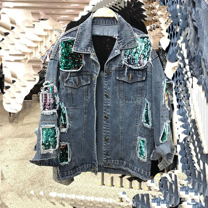 Women Casual Denim Sequin Jackets Fashion Long Sleeve Holes Basic Denim Jacket Vintage Loose Patchwork Sequined Jeans Jacket