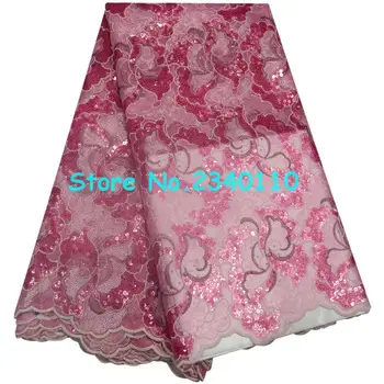

High quality Organza african sequin lace fabric Pink Embroidered beads french tulle lace fabrics for wedding dress YT9-006