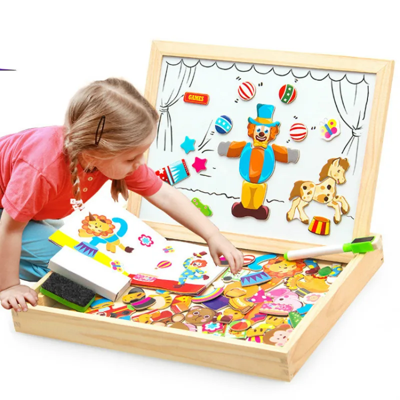 

Wooden Magnetic toys children 3D puzzle toys for children education animal wooden blackboard kids Drawing Toys