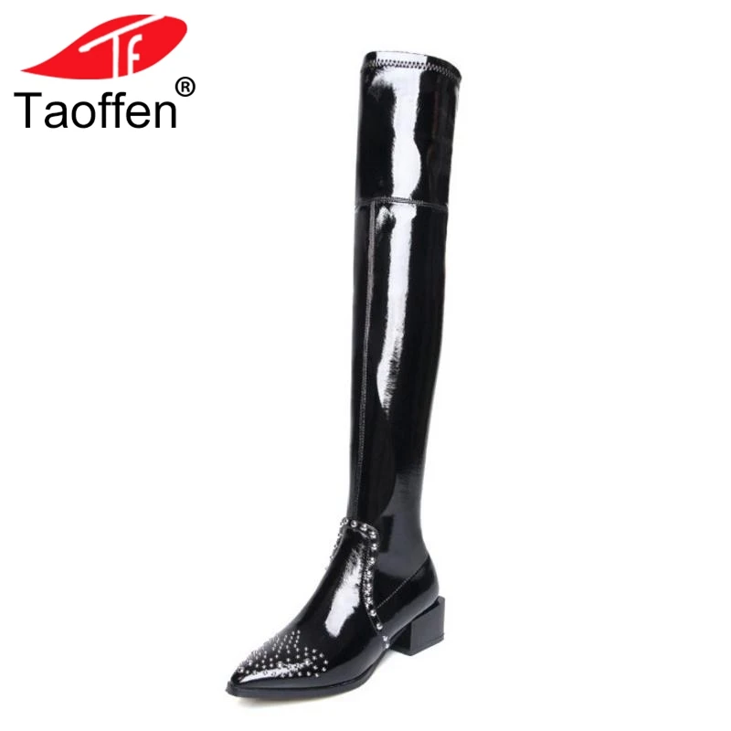 

TAOFFEN Over Knee Boots Woman Genuine Leather Zipper Winter Shoes Women's Rivets Concise High Heels Long Boots Size 34-39