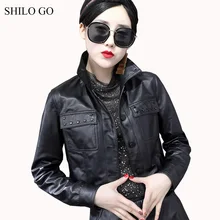 Шило GO кожаная куртка Женская Весенняя мода Овчина натуральная кожа пальто воротник с отворотом любовь заклепки передний карман куртка черный