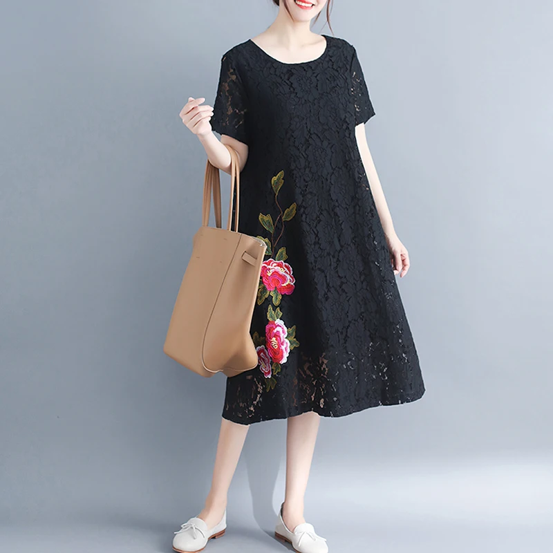 Bonnie thea 2018 Women Plus Size Casual Loose lace Embroidery Dress black big size Summer dress Large size long Dress Vestidos Dresses