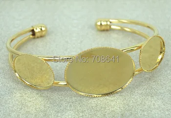 

18x25mm/ 13x18mm Golden tone Plated Blank Bangle Base Oval 3-Bezel Cabochon Bracelet cuff Bangle Settings Crafts DIY Wholesale