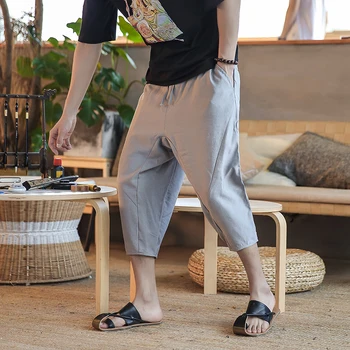 

Chinese style summer new linen men casual calf length pants splicing elastic waist drawstring jogger pants loose men's trousers