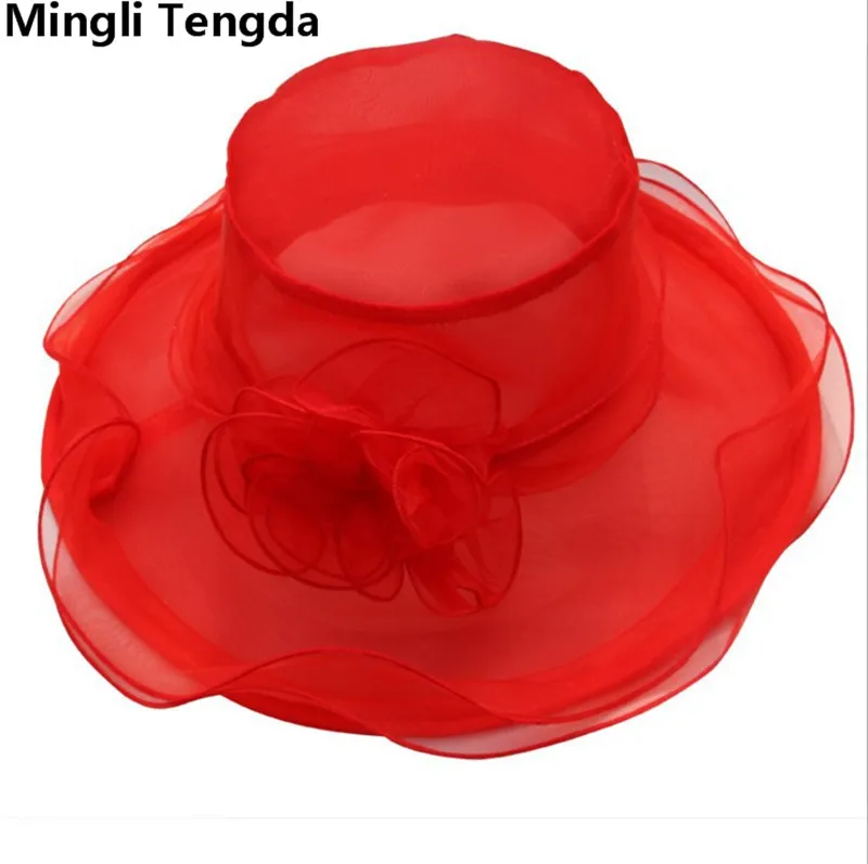 Mingli Tengda, Простые Свадебные шляпы и вуалетки из органзы, свадебная шляпа с цветком, свадебные аксессуары, свадебные шляпы для женщин - Цвет: Red
