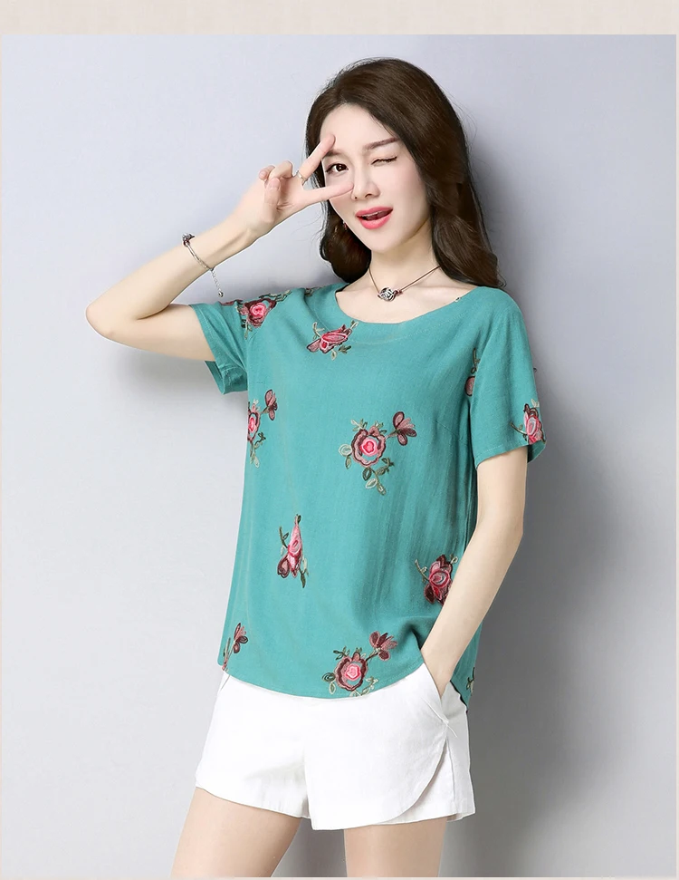 Мода короткий рукав хлопок лен женская рубашка блузка плюс размер летние женские топы с круглым Женская вырезом Одежда блузок D847 30