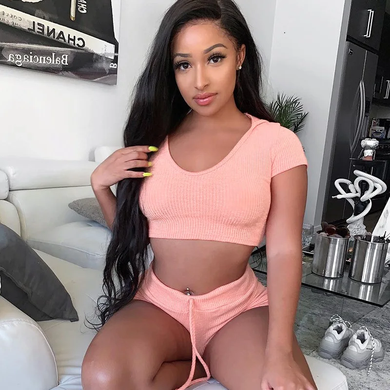 

Leisure Sports Suit Two-piece Women's Suit Fashionable, Sexy Tight Body, Short-sleeved Pants Suit, Pure Chao Man Necessary