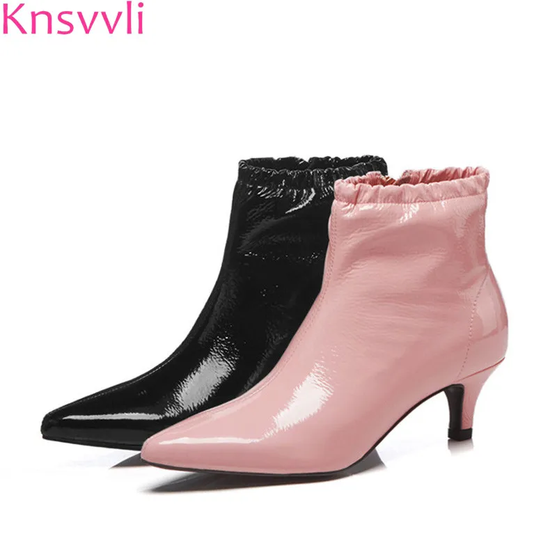 

2018 new style cow patent leather elastic band solid ankle boots for women zipper pointy toe kitten heel martin boots woman