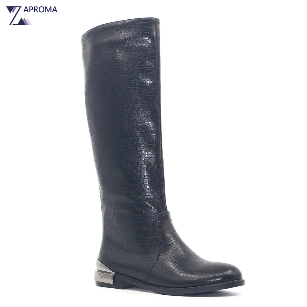 Low Heel Boots font b Women b font Black Metal Heel Flat Equestrian Boot Winter Knee