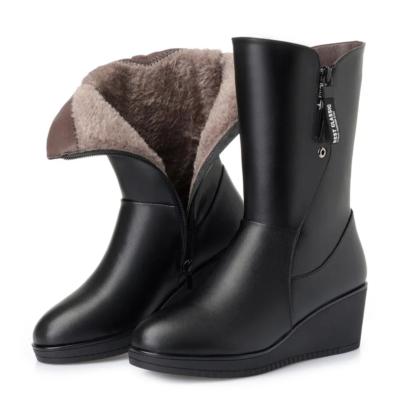 Velours Et Plush D'hiver Marque Laine Neige Véritable Chaud En Nouvelles Cuir Zxryxgs 2018 Dans Inside tube Hauts Pente black Black De Talons Wool Chaussures Bottes ZwPnqSx6