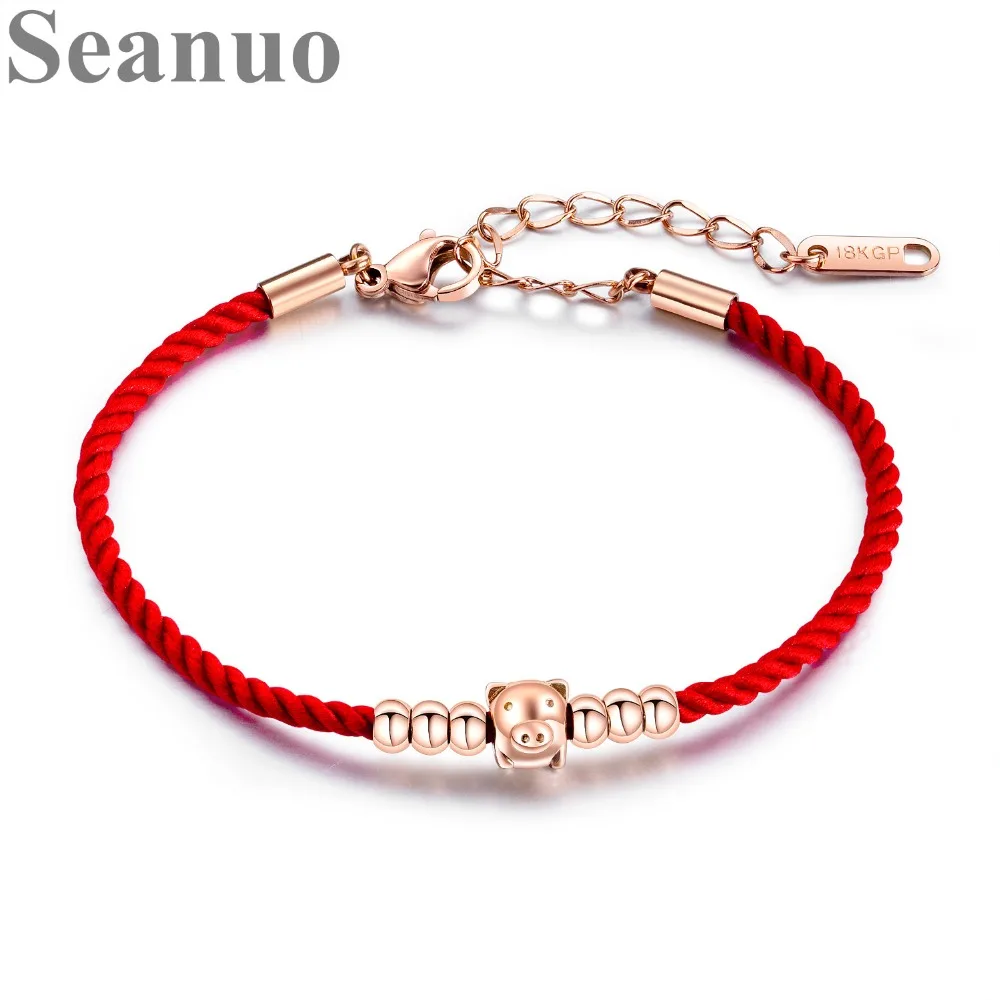 

ROMAD 2019 Chinese Ethnic Rose Gold Pig Stainless Steel Women Charm Bangle Jewelry Fashion Handwoven Red Rope Lady Cuff Bracelet