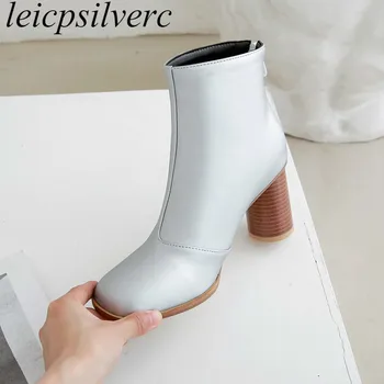 

Women's Boots Simple Winter Versatile Solid Color Booties High Heel Warm Square Toe Pu Zip Ankle Plush 2019 New Sexy Fashion
