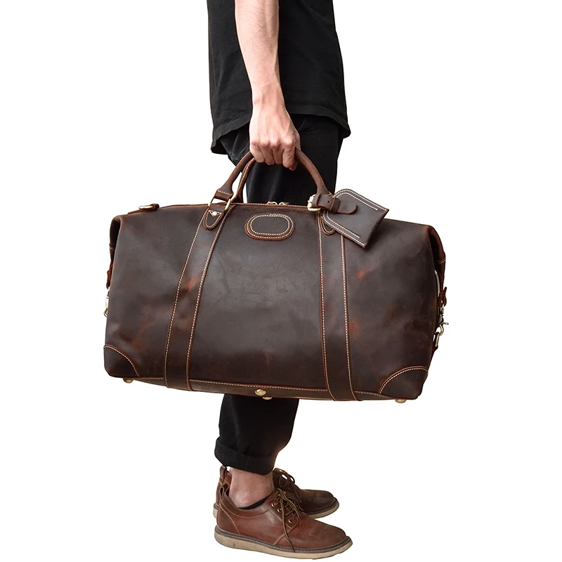 Genuine Crazy Horse Leather Men Travel Bags With Rivet Big HandBag For Male Cowhide Duffel Bag Mans Travelling Bag luxury