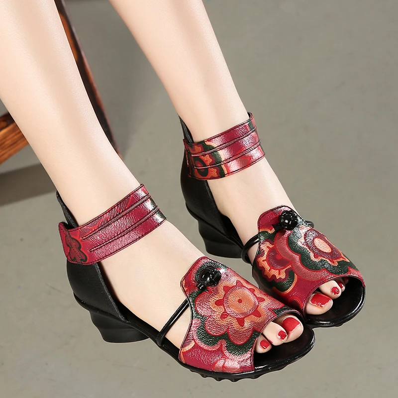 ethnic print peep toe ankle strap