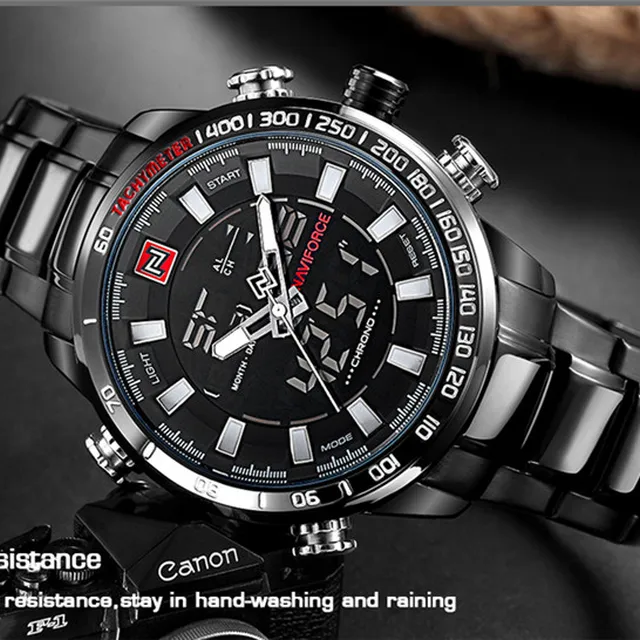 NAVIFORCE Top Brand mężczyźni Military Sport zegarki męskie LED Analog cyfrowy zegarek męski stal kwarcowy zegar Relogio męski 9093 tanie i dobre opinie Quartz Wristwatches Auto Date Complete Calendar Shock Resistant Week Display Water Resistant Stop Watch Back Light Chronograph Multiple Time Zone LED display Alarm NAVIFORCE Top Brand mężczyźni Military Sport zegarki męskie LED Analog cyfrowy zegarek męski stal kwarcowy zegar Relogio męski 9093 tanie i dobre opinie Quartz Wristwatches Auto Date Complete Calendar Shock Resistant Week Display Water Resistant Stop Watch Back Light Chronograph Multiple Time Zone LED display Alarm