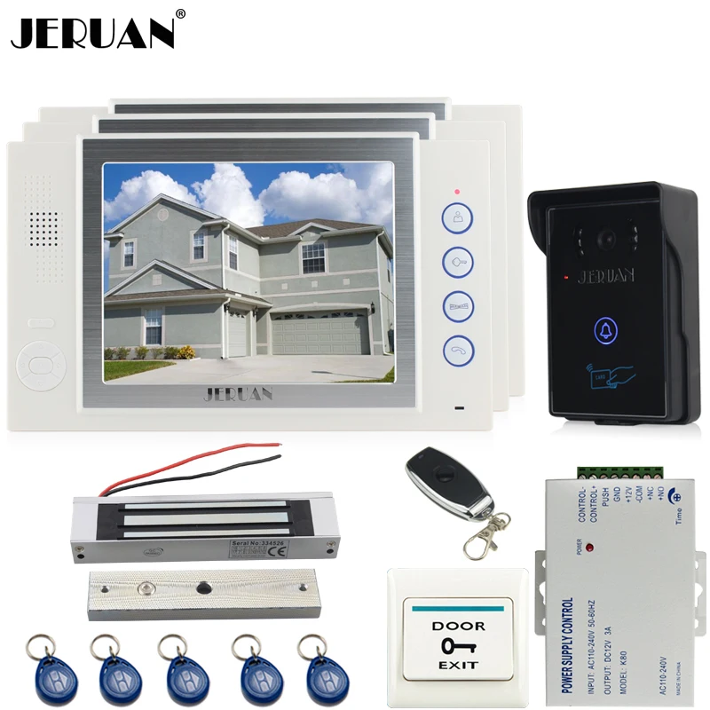 

JERUAN three desk 8`` luxury LCD video door phone doorbell intercom system 700TVL Camera video recording+Magnetic lock+8GB card