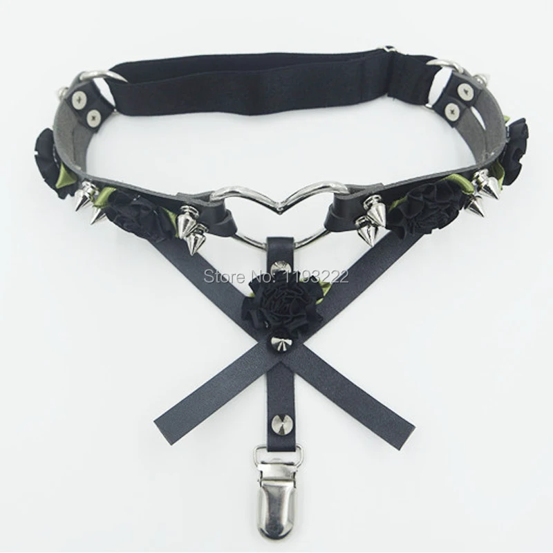 Cute Fashion Designed Leather Thigh Harness, Cross Flower Floral Leg Garter Punk Rock Big Heart Spikes Garter Belt Ring