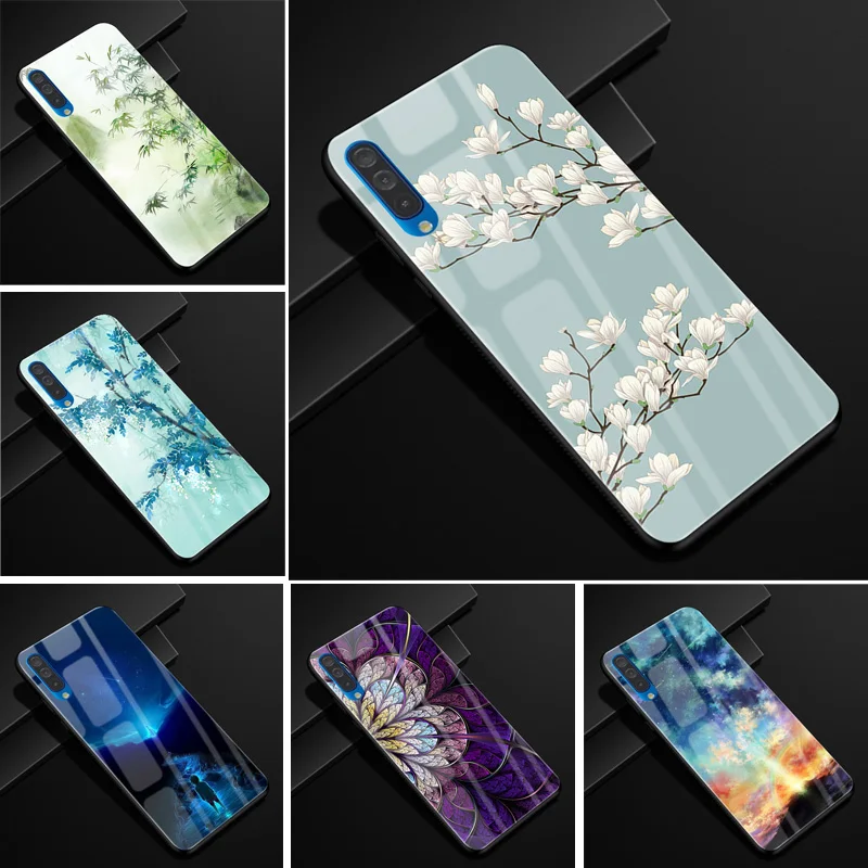 

For Samsung A50 A 50 Case Silicone Soft TPU Bumper Tempered Cover Funda For Samsung Galaxy A50 Case Hard Print Glass Case Coque