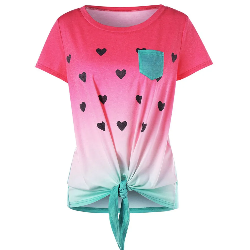 

Front Knot Pocket Watermelon Printed Short Sleeve Tops Tee Summer Female T shirt Short Sleeve T shirt For Women Clothing 2019