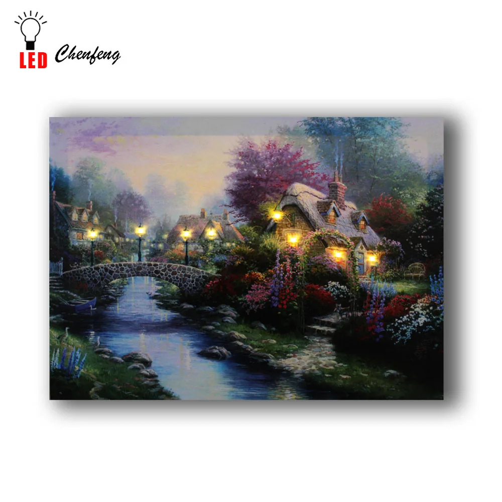 Светодиодное освещение парусиновый принтованный деревня сцена с коттедж мост через реку картина маслом картина на стену Холст wall art украшение дома
