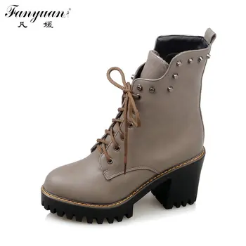 

2017 Woman Rubber Sole Boots with Rivets Square High Heels with Platform Lace-Up Women's Cool Ankle Motorcycle Boots