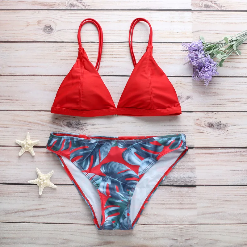 

Sexy Swimsuit Women's Bikini Set Push Up Swimwear White Swimming Suit for Women Print Leaves Padded Bathing Suit Beachwear 2019