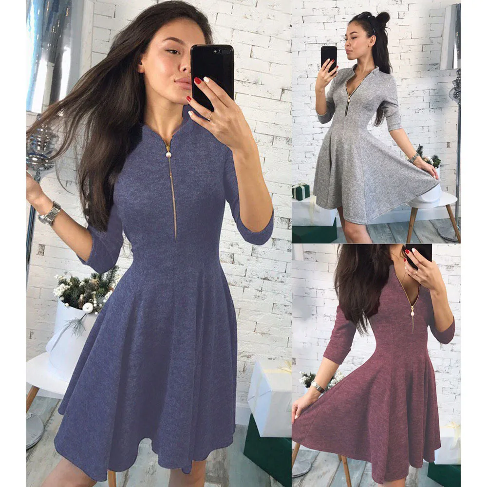 

Three Quarter A-Line Dress 2019 Autumn Casual England Style Solid Colors Dresses Sexy V-Neck Slim Zipper Mini Dresses Vestidos
