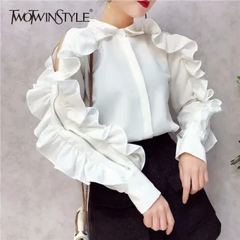 

TWOTWINSTYLE Ruffles Blouse Female Lapel Collar Off Shoulder Patchwork Zipper Long Sleeve White Shirt Women 2020 Spring Korean