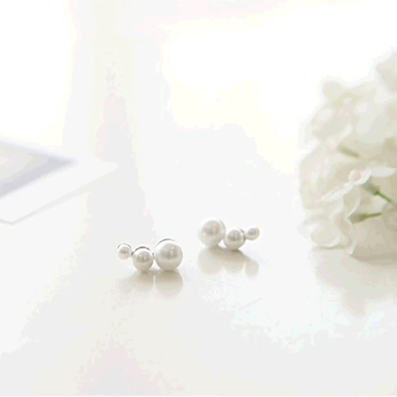 

3 Different Sizes Simulated Pearls Side-by-side piercing Silver Stud Earrings Women Jewelry