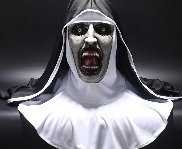 Страшная маска монахини, косплей, валак, страшные латексные маски с платком на голову, вуаль, капюшон, полный шлем, страшный костюм на Хэллоуин