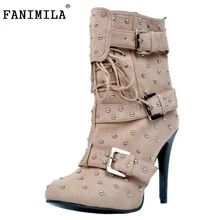Las mujeres Del Dedo Del Pie Puntiagudo Botines Mujer Lace Up High Heel zapatos de Las Señoras Remaches Hebilla de La Manera Estilo Del Otoño Del Resorte Botas Tamaño 34-47