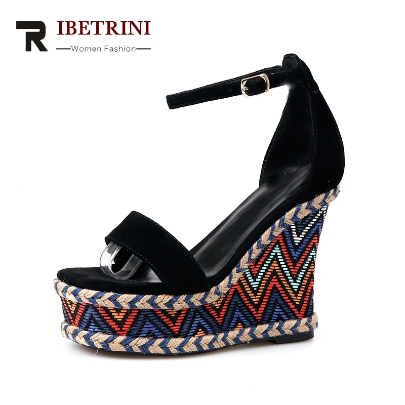

RIBETRINI Cow Suede Leather 2018 Summer Sandals Shoes Woman Sexy Platform Wedge high-heeled Bohemia Style Sandals
